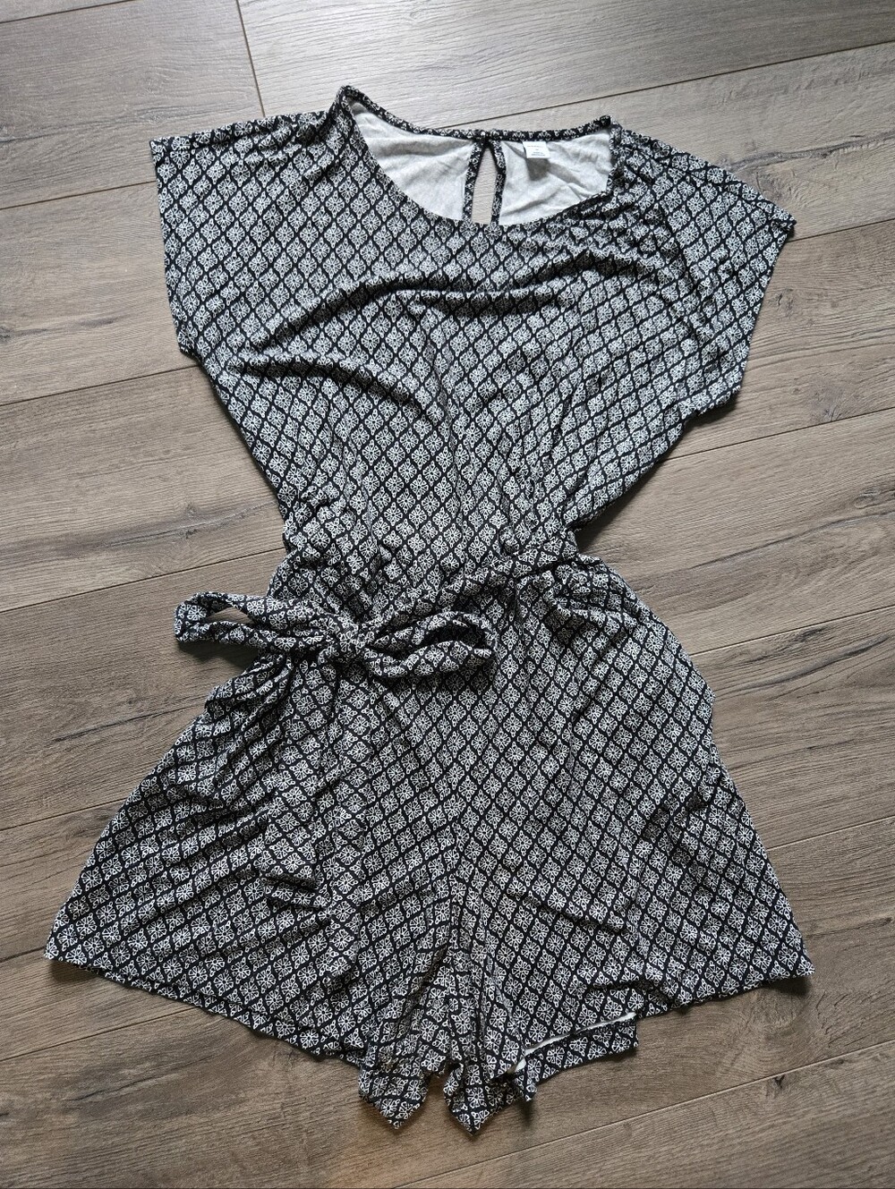 Women's Black & White Patterned Short Jumpsuit with Tie Waist
